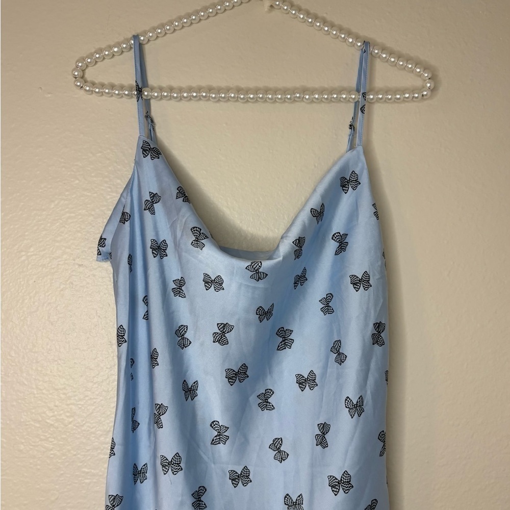 Forever 21 Women Blue Bow Print Satin Slip Mini Dress - Picture 8 of 11